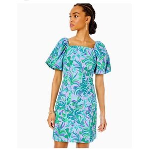 Lilly Pulitzer Women's Palm Print Puff Sleeve Square Neck Mini Dress